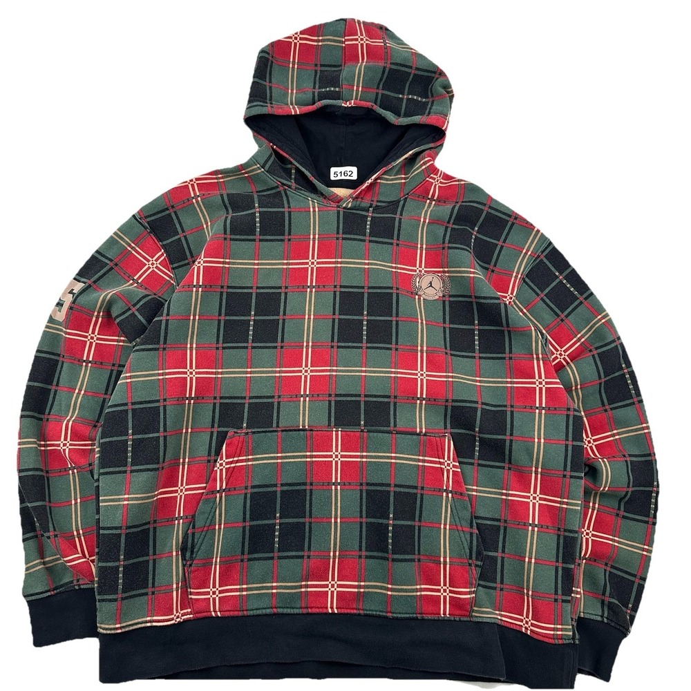 NIKE Jordan Essentials Fleece Pullover Hoodie Men XL Green Red Plaid '85 Jumpman
